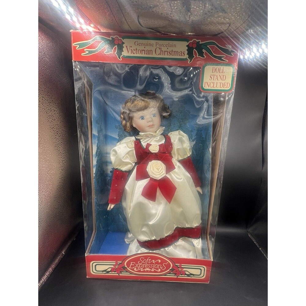 Dan Dee Soft Expressions Victorian Christmas Porcelain Doll 16” NIB w Stand